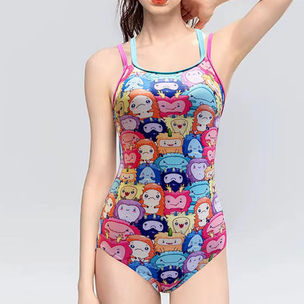 2025 New Summer Swimsuit Women's One-Piece Triangle Racing Style Sports Casual Cartoon Pattern Fashionable Pure Girl