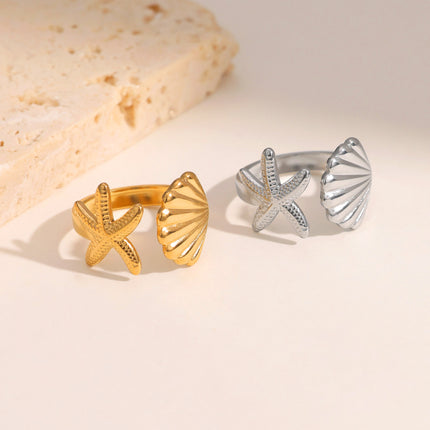 European and American Hot-Selling Starfish Shell Ring for Women, Niche High-End Trendy Daily Matching Ring, Stainless Steel Hand Jewelry