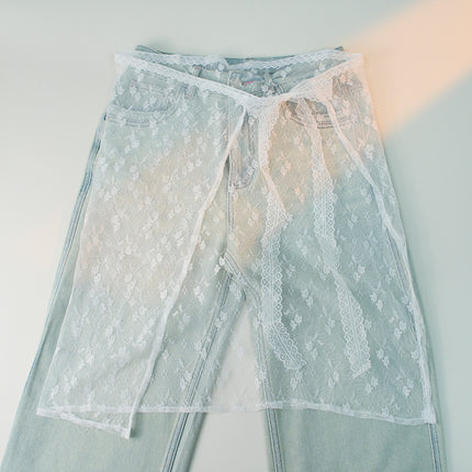 Korean Style Stacked Lace Skirt Curtain Butt Curtain One-Piece Skirt Apron Lace-Up Mesh Beach Swimsuit with Cover