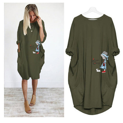 Factory direct sale wish AliExpress foreign trade women's casual loose pocket long sleeve plus size fat sister dress
