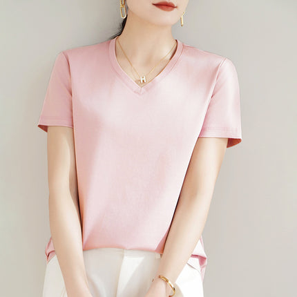 100 mercerized cotton short-sleeved T-shirt women's 2025 summer new V-neck cotton pullover vest cool feeling ice silk base