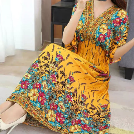 Cross-border ethnic style V-neck cotton silk short-sleeved beach skirt Thailand travel dress summer printed holiday floral skirt