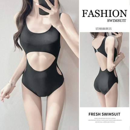 Cross-Border Simple One-Piece Bikini Fashion Solid Color Slimming Sexy Hollow Hot Spring Vacation Beach Swimsuit for Women