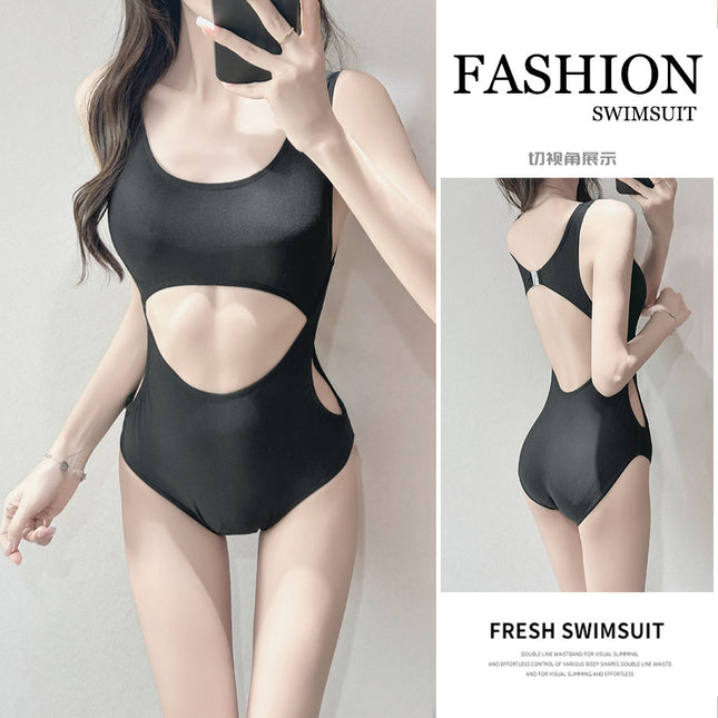 Cross-Border Simple One-Piece Bikini Fashion Solid Color Slimming Sexy Hollow Hot Spring Vacation Beach Swimsuit for Women