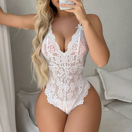 New European and American plus size sexy underwear perspective sexy lace open crotch halter bow conjoined underwear