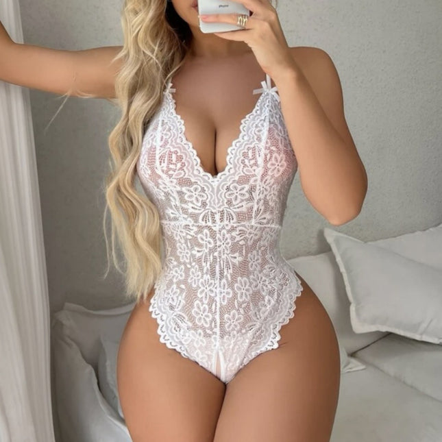 New European and American plus size sexy underwear perspective sexy lace open crotch halter bow conjoined underwear