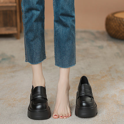 Women's 2025 New Style Thick-Soled Loafers with 12cm Height Increase for Small People, Super High-Heeled British Style Small Leather Shoes