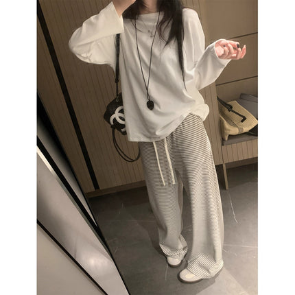 Striped Knit Wide-Leg Pants for Women, Autumn Relaxed Lazy Loose Slimming Casual Pants, Floor-Length Casual Pants for Women