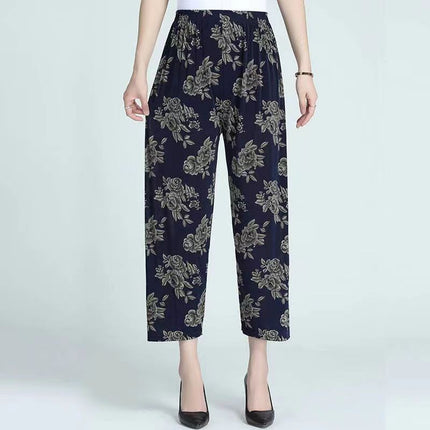 Middle-Aged and Elderly Women's Summer Thin Floral Pants, Loose Fit, Ice Silk Cropped Granny Pants, Direct from Manufacturer