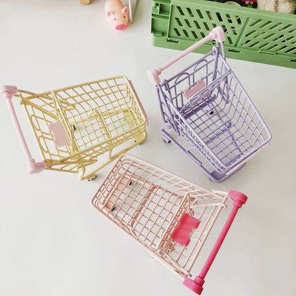 Ins Iron Cute Pink Girl Desktop Storage Basket Mini Trolley Shopping Cart Props Sundries