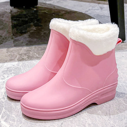 Cross-border New High Rain Shoes Women's Online Popular Fashion Water Boots Solid Color Waterproof Non-slip Warm Outer Wear fleece-lined Warm Boots