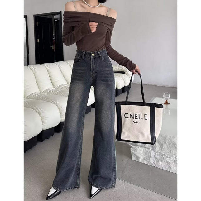 Retro washed Street versatile jeans women's spring and autumn slimming design sense niche micro horn mopping pants