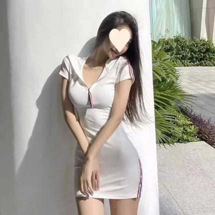 Hot Girls Summer New Sexy Figure Hooded Tight Low-cut V-neck Hip Short-sleeved dress Women