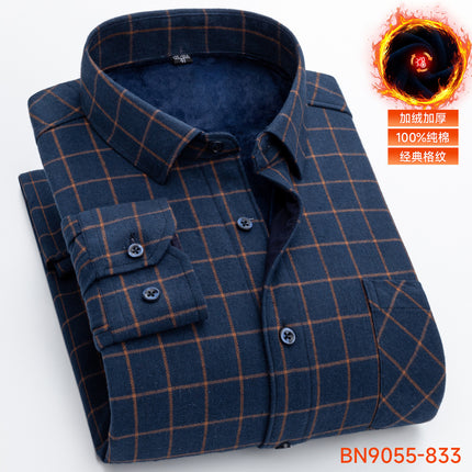Winter Warm Shirt Pure Cotton Brushed Plaid Fleece-Lined Thickeneded Middle-Aged and Elderly Men's Cardigan Dad's Cotton Shirt