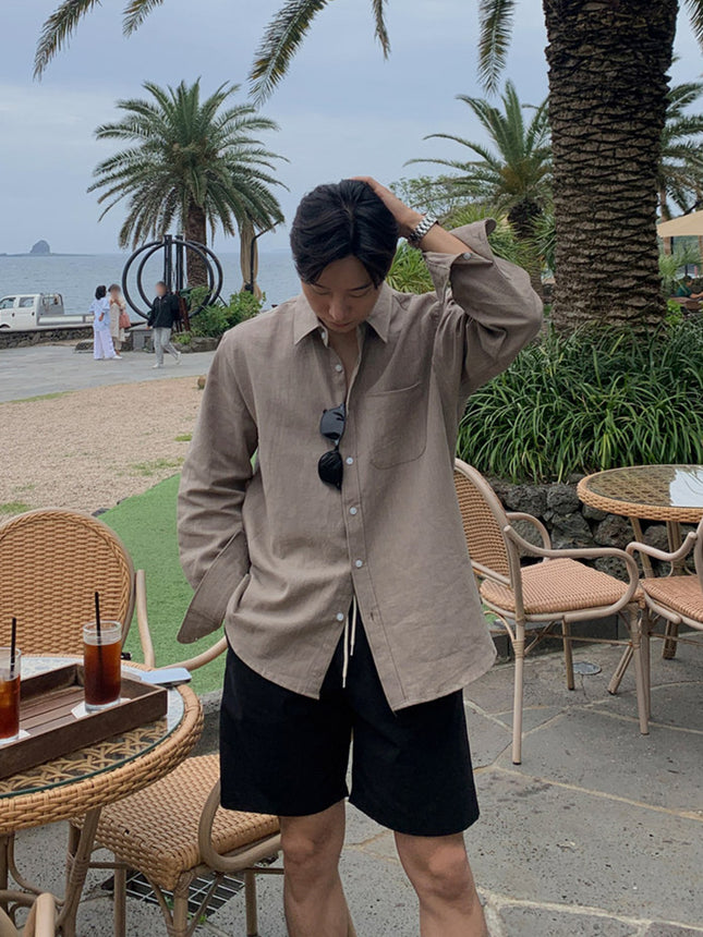 Linen Long-sleeved Shirt Men's Autumn Korean Style Vintage Light Cooked Style Casual Non-ironing Shirt Lightweight Sunscreen Top Trendy