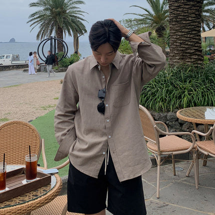 Linen Long-sleeved Shirt Men's Autumn Korean Style Vintage Light Cooked Style Casual Non-ironing Shirt Lightweight Sunscreen Top Trendy