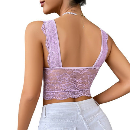 Cross-border Explosions New Lace Embroidery Perspective Pure Desire Hot Vest Steel Ring Top Hollow Beauty Back Sling