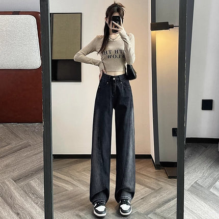 Black and White Gradient Design Sense Wide-leg Jeans Women's Trendy All-match Explosive High Waist Slimming Straight Long Pants
