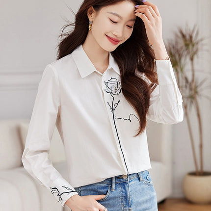 2025 Spring New Commuter Lapel Nail Drill Rose Embroidered Dark Placket Shirt Blouse Top