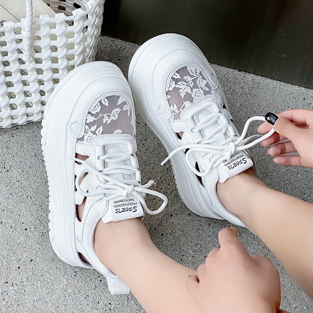 Genuine Leather Lace Mesh White Sneakers 2026 Summer New Thick-Soled Hollow-Out Versatile Trendy Sports Casual Sneakers for Women