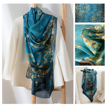 Autumn New Arrival Mulberry Silk Scarf for Women, Green Small Floral Shawl, Long Silk Scarf, Ready for Wholesale