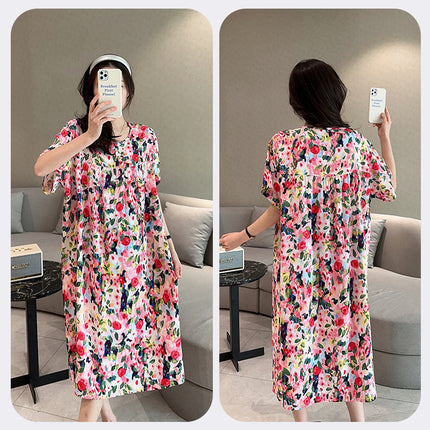 Cotton Silk Nightdress Women's Short-sleeved Artificial Cotton Pajamas Summer Thin Large Size Loose Home Clothes Simple Floral Dress