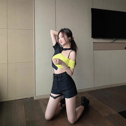 Black Shorts Women's Thin High-waisted Ultra-short Pants Slimming Slim-fit Sports Hot Pants Short-sleeved Top Trendy suit