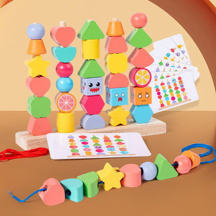Wooden Geometric Set Column Building Blocks Beaded Shape Matching Children Beaded Logic Thinking Unified Sense Training Educational Toys