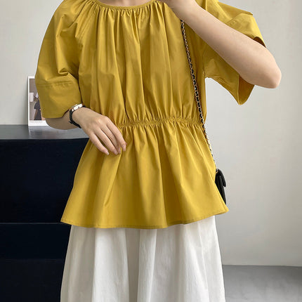 Taochuan Backless Discreet~Round Neck Elegant Slimming Look Versatile Waist Design Cut Out Short-Sleeved Shirt for Women 5385