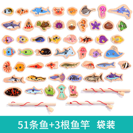 Magnetic Wooden Barrel Marine Fishing Toy Children's Early Education Educational Cognitive Fun Boys and Girls Parent-Child Games