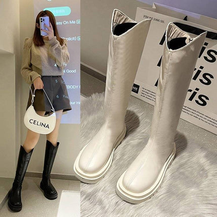 New Autumn and Winter Platform Thick-Soled High Boots for Women, Fleece-Lined, Height-Increasing, Slimming Knight Boots, Large-Toe Zipper Boots