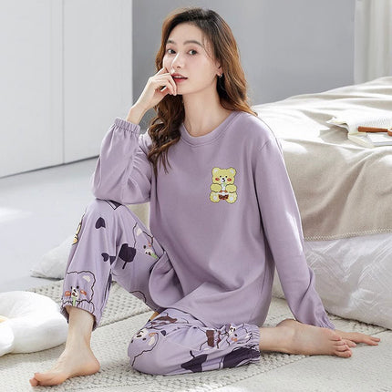 Cute Style Pajamas Women's Spring and Autumn New Cotton Round Neck Long Sleeve Trousers Korean Style Girl's Student Home Clothes suit