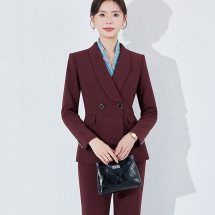 Matching Spring and Autumn Fashion Sense Business Dress Dress Suit suit Women's Green Collar Commuter Trousers New Spandex