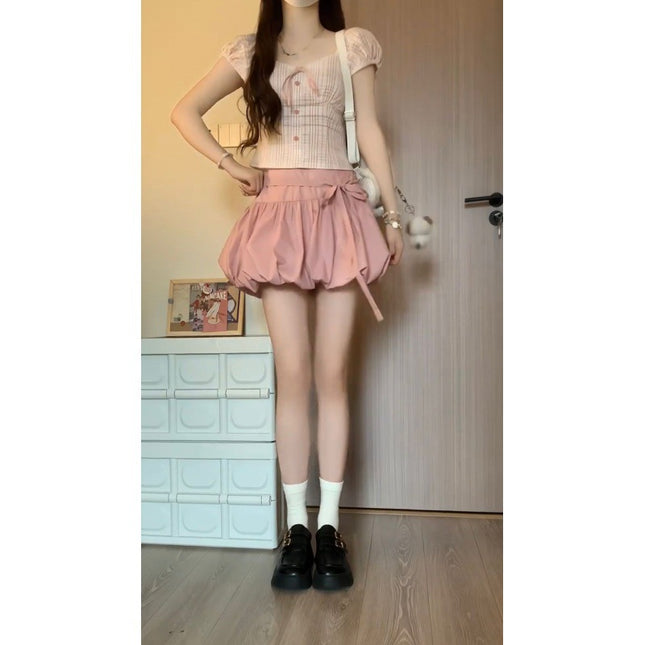suit Women's 2024 Summer New Sweet Spice Girl Design Sense Plaid Short Shirt Top High Waist Trendy Skirt