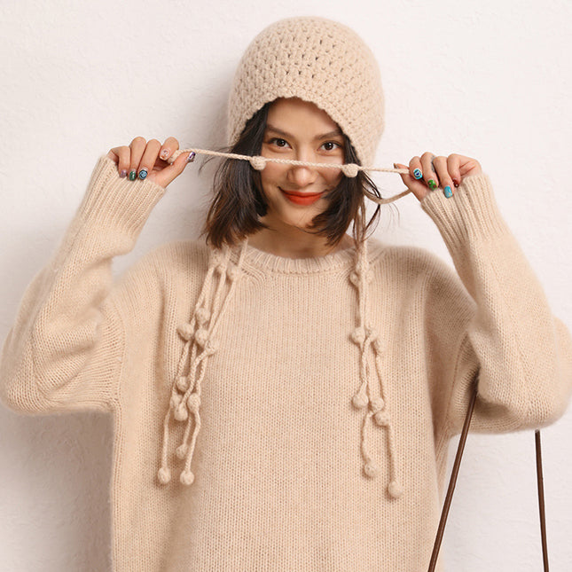 Handmade Fashionable Dirty Braid Ball Tassel Thickeneded Warm Cashmere Knitted Cut Out Toe Cap Ear Protection Hat Autumn and Winter