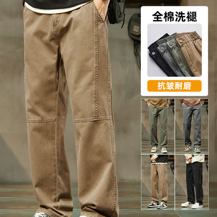 Cotton High-Quality Washed Fabric Floor-Length Pants 2025 New Men's Drapedy American High Street Loose Straight Casual Pants