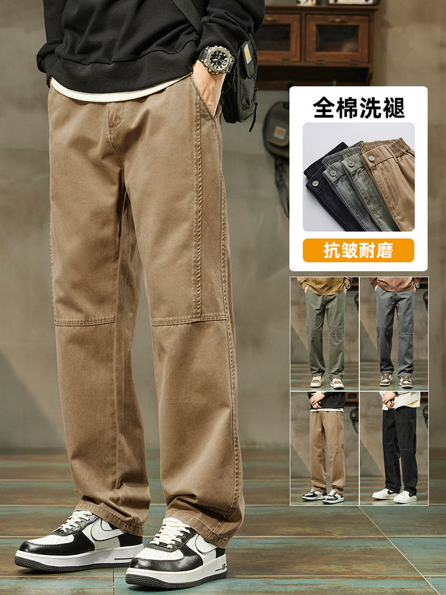 Cotton High-Quality Washed Fabric Floor-Length Pants 2025 New Men's Drapedy American High Street Loose Straight Casual Pants