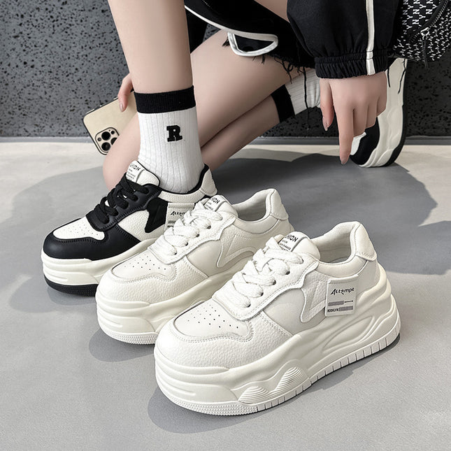 Genuine Leather Women's Casual Shoes 2024 Spring New Thick-Soled Inner Heightening White Shoes Thick-Soled Board Shoes Sports Shoes