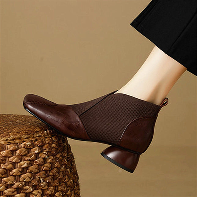 Fashionable Splicing Comfortable Medium Heel Short Boots 2025 Autumn and Winter New Fashion Boots Women's Retro Square Toe Thick Heel Elastic Boots