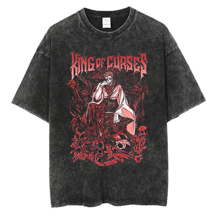Huge Anime Flat Print Couple T-Shirt Washed Black Streetwear