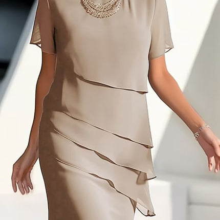 European and American Cross-Border Amazon Wish Export Women's Pure Color Short-Sleeved Glitter Ruffled Round Collar Casual Dress
