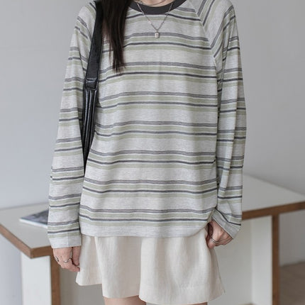 2025 Autumn Salt Green Striped Casual Long Sleeve Blouse Thin Breathable Loose Retro T-Shirt