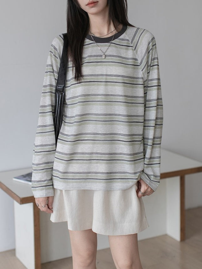 2025 Autumn Salt Green Striped Casual Long Sleeve Blouse Thin Breathable Loose Retro T-Shirt
