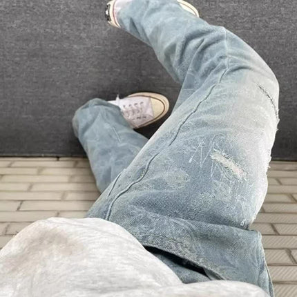 European and American High Street Vibe Retro Paisley Jeans for Men and Women with Ripped Patches, Unique Design, Slimming and Eye-Catching Street Style Pants