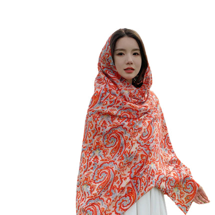 Spring and Autumn Thin Xiangyun Totem Printed Cotton and Linen Handfeel Scarf Ethnic Style Mid-length Travel Sunscreen Beach Towel for Women