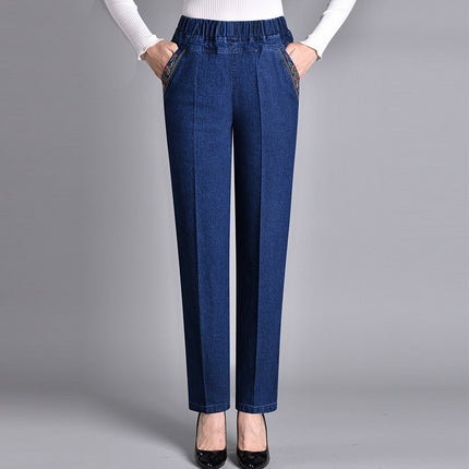 Women's Loose-Fitting Jeans with Elastic Waistband, Stretchy, Casual High-Waisted Pants for Middle-Aged and Elderly Women, Fleece-Lined, Dark-Colored, Slimming Effect