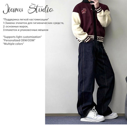 JIAMU Spring and Summer American Style High Street Baggy jeans Wide Leg Jeans Unisex Loose Slimming Unisex Scimitar Pants