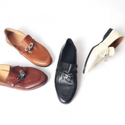 Lock Retro Square Head Horse Leather Shoes Slip-on Loafers Women's 930 Leather Shoes