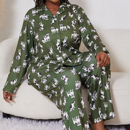 Cross-border plus size Women's Pajamas Cartoon Printed Casual Loose Autumn and Winter New Long Sleeve Trousers Two-piece Set
