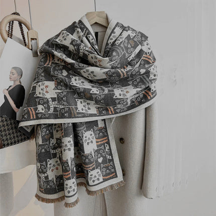 New Double-Sided Scarf for Women with Cute Cats, Thickeneded Imitation Cashmere Shawl for Winter, Knitted Warm Scarf, Versatile